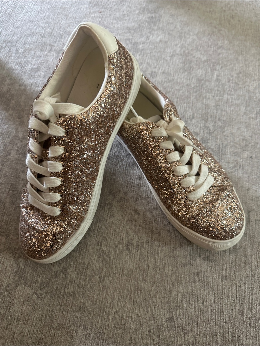 J. Crew Factory Glitter Lace-Up Sneakers in Rose Gold and White